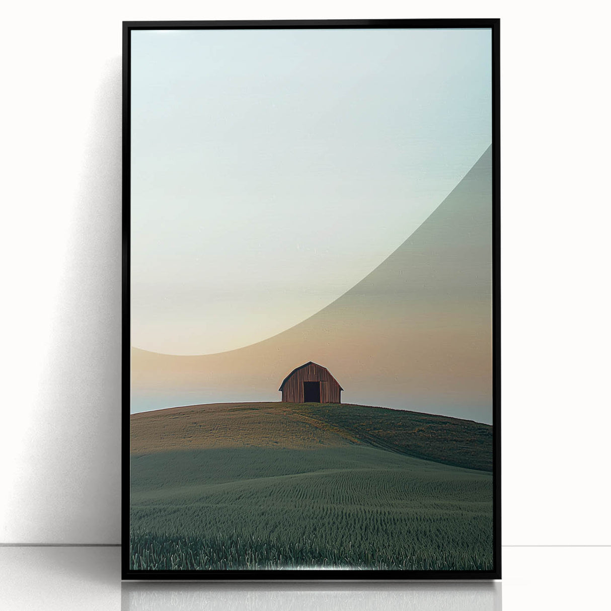 Framed acrylic artwork depicting a serene countryside landscape with lush green fields and a clear blue sky, presented in a sleek black frame for modern decor.