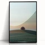 Framed acrylic artwork depicting a serene countryside landscape with lush green fields and a clear blue sky, presented in a sleek black frame for modern decor.