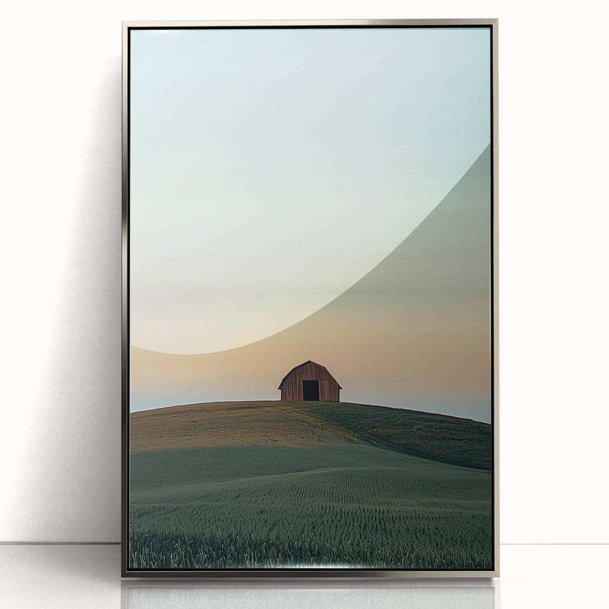 Framed acrylic artwork depicting a serene countryside landscape, showcasing vibrant green fields and a clear blue sky, presented in a sleek silver frame.