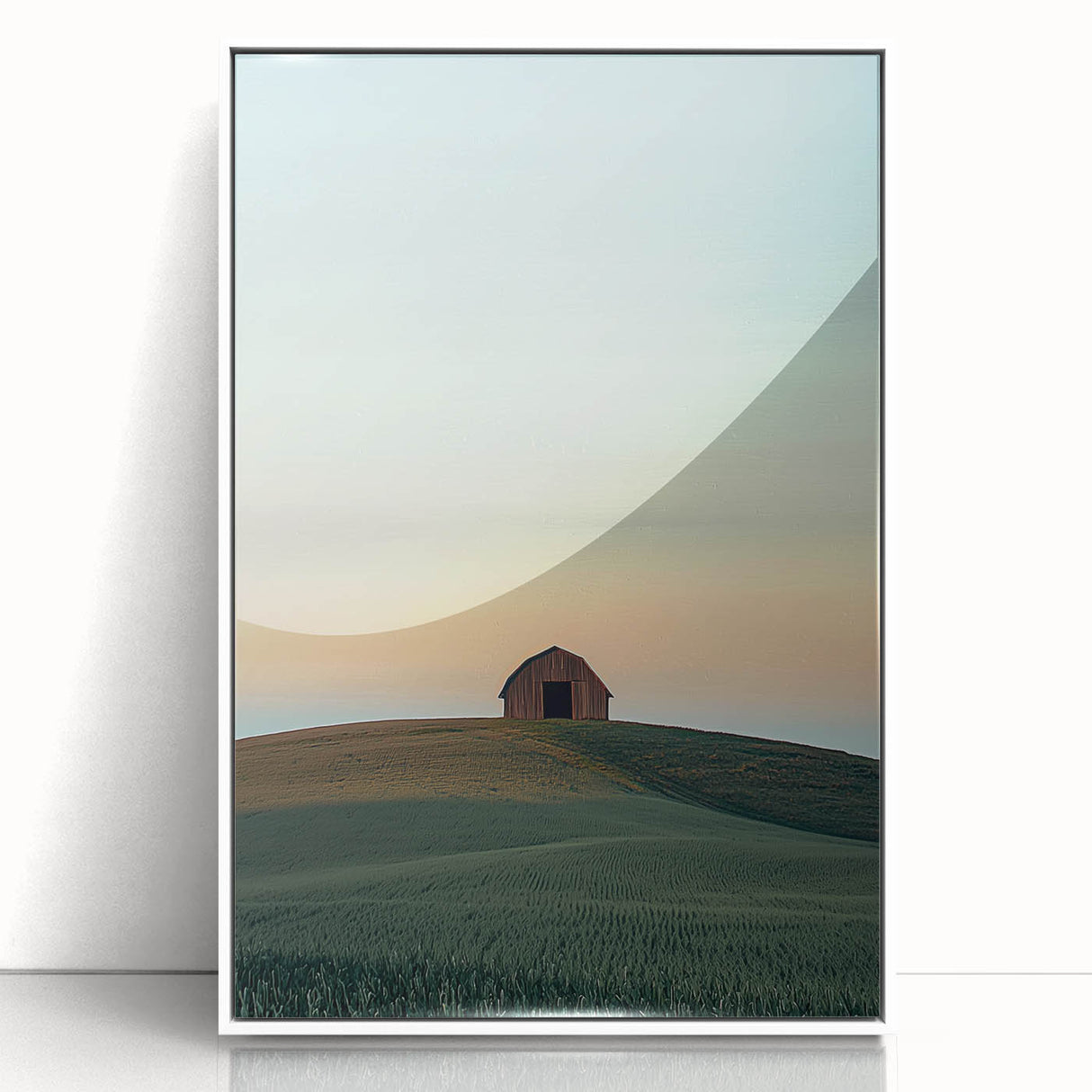 Framed acrylic landscape artwork showcasing a serene countryside scene with vibrant greens and soft blues, designed to enhance home decor with a modern touch.