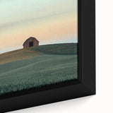 Close-up view of a framed canvas showcasing a serene countryside landscape with vibrant green fields, trees, and a blue sky, ideal for home decor enthusiasts.