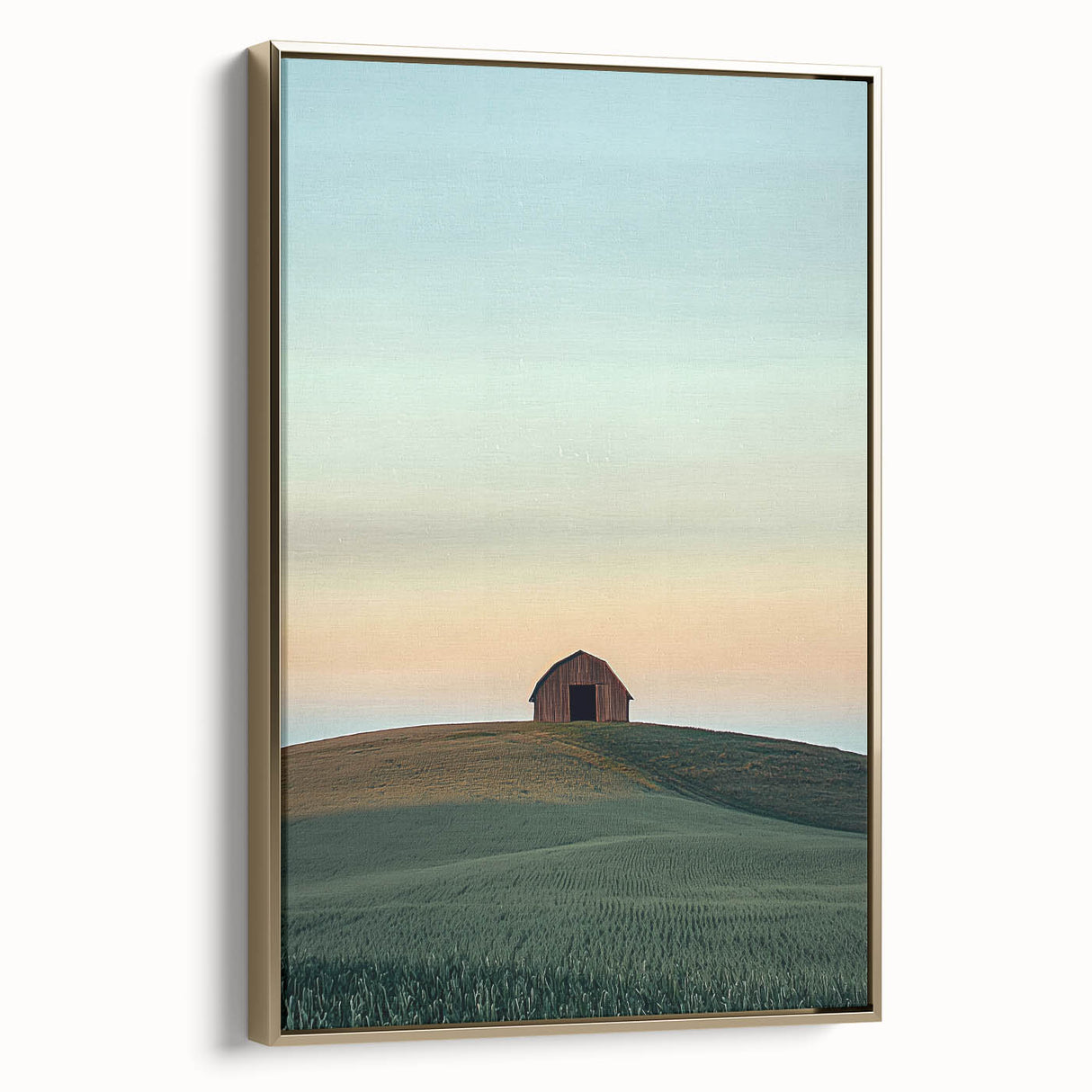 Framed canvas artwork showcasing a picturesque countryside landscape with vibrant greenery and a golden frame, ideal for enhancing home decor.