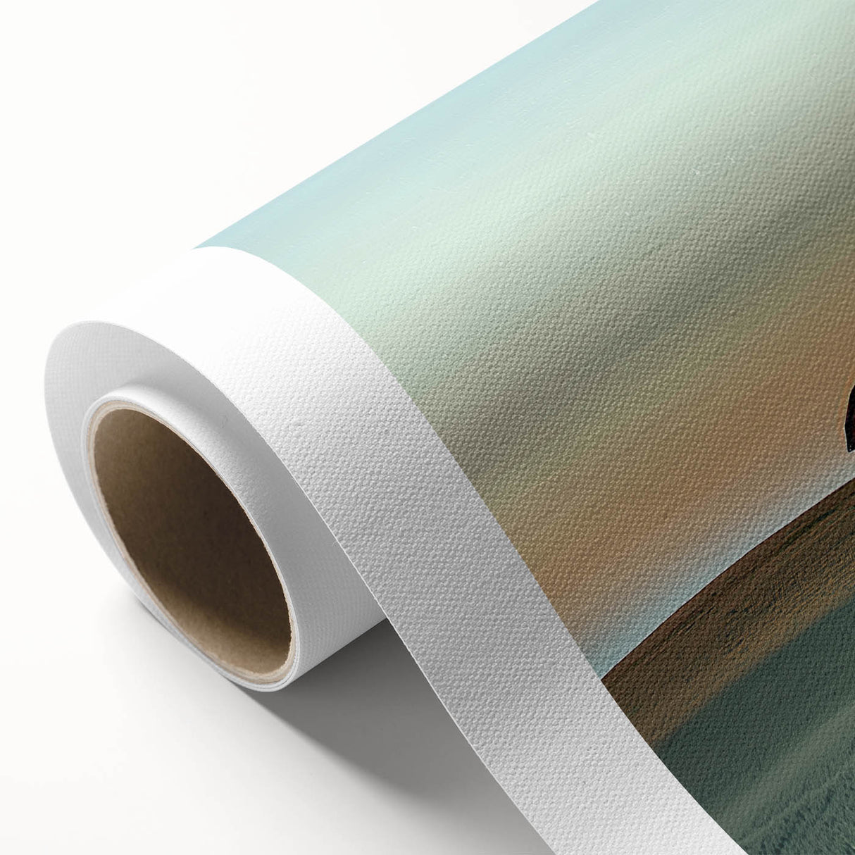 Rolled canvas artwork depicting a serene countryside landscape with rolling hills, vibrant greenery, and a clear blue sky, ideal for home decor and nature lovers.