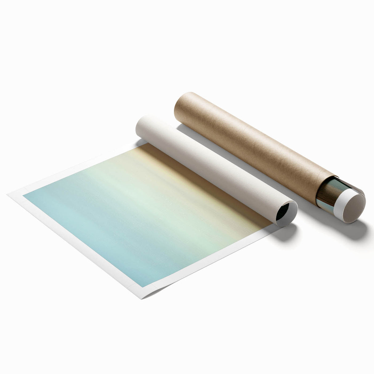 Rolled landscape print showcasing a serene countryside scene with lush green fields and a vibrant blue sky, carefully packaged in a protective cardboard tube.