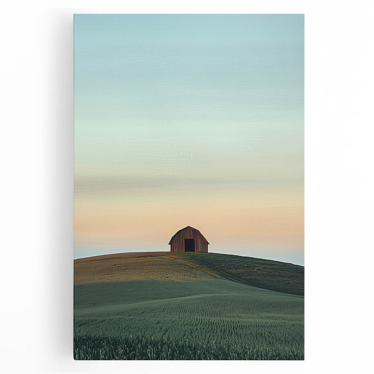 Stretched canvas artwork showcasing a serene countryside landscape with lush green hills and a vibrant blue sky, perfect for home decor.