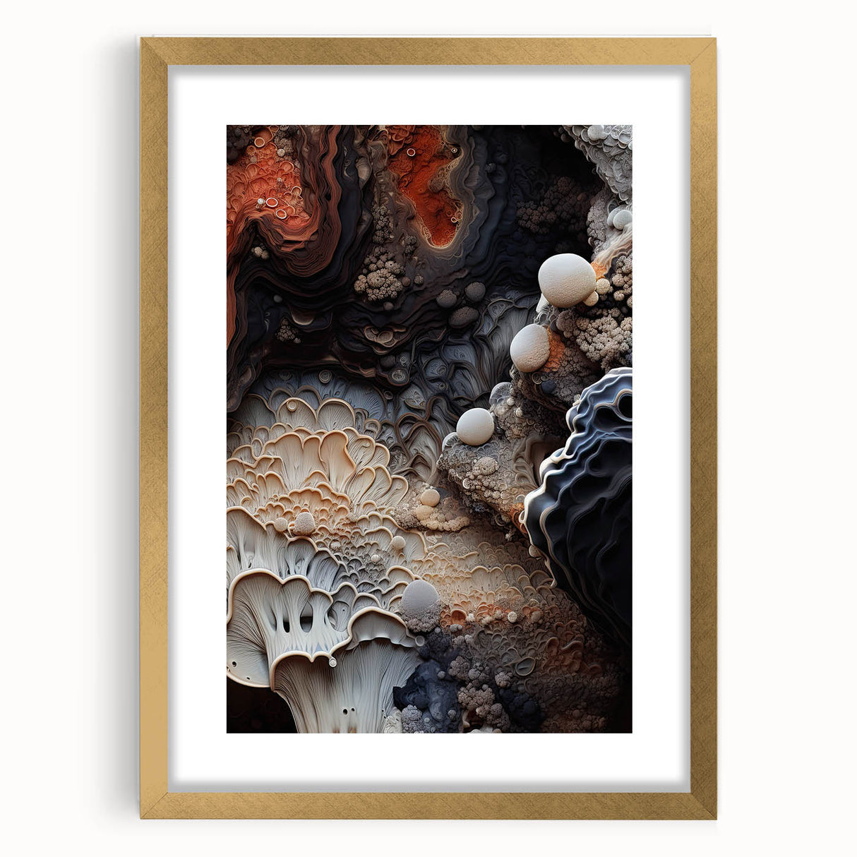 Extra large textured abstract art print in muted earth tones, framed in gold, ideal for living room decor.
