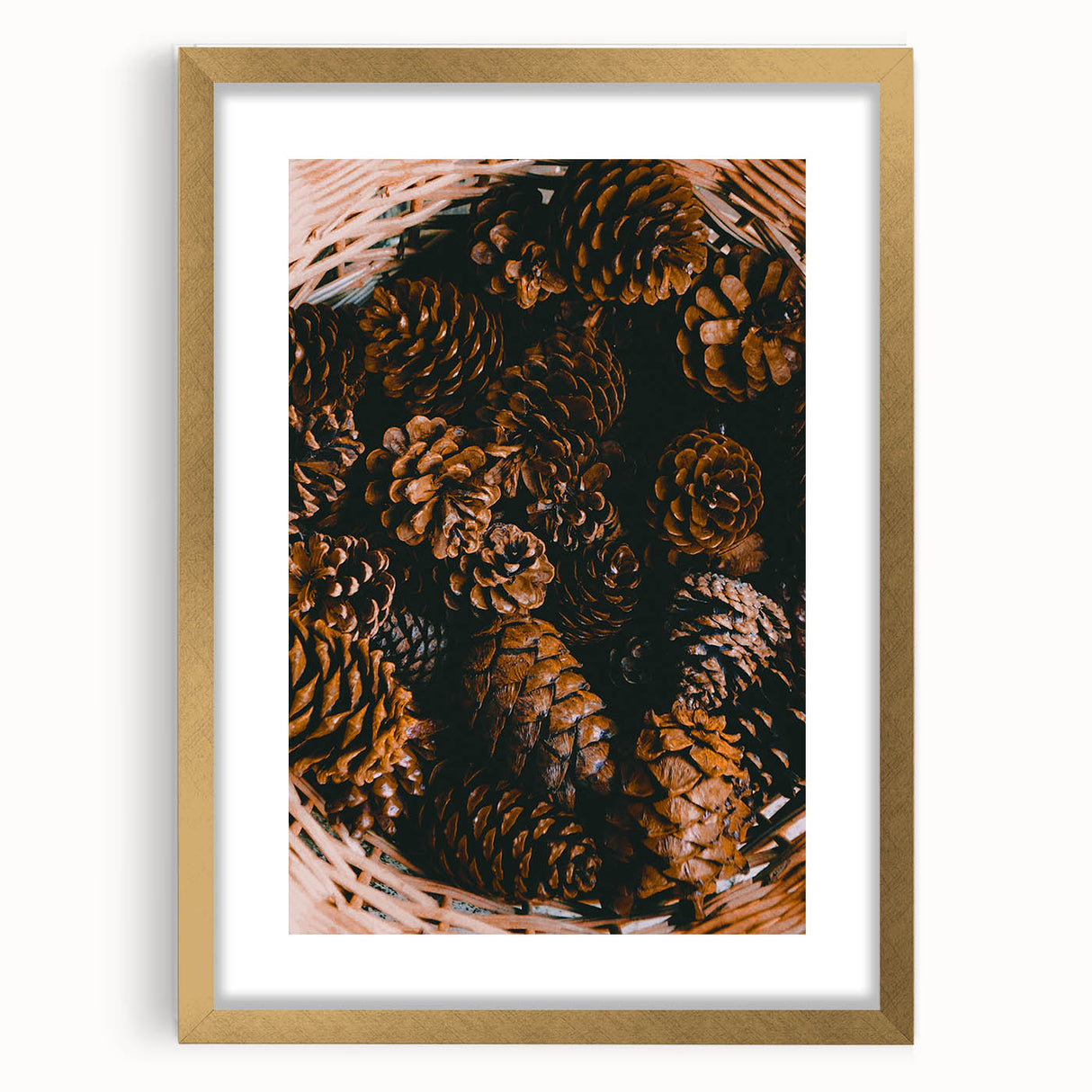 Extra large abstract art print with textured design in gold and brown tones, framed with a mat.