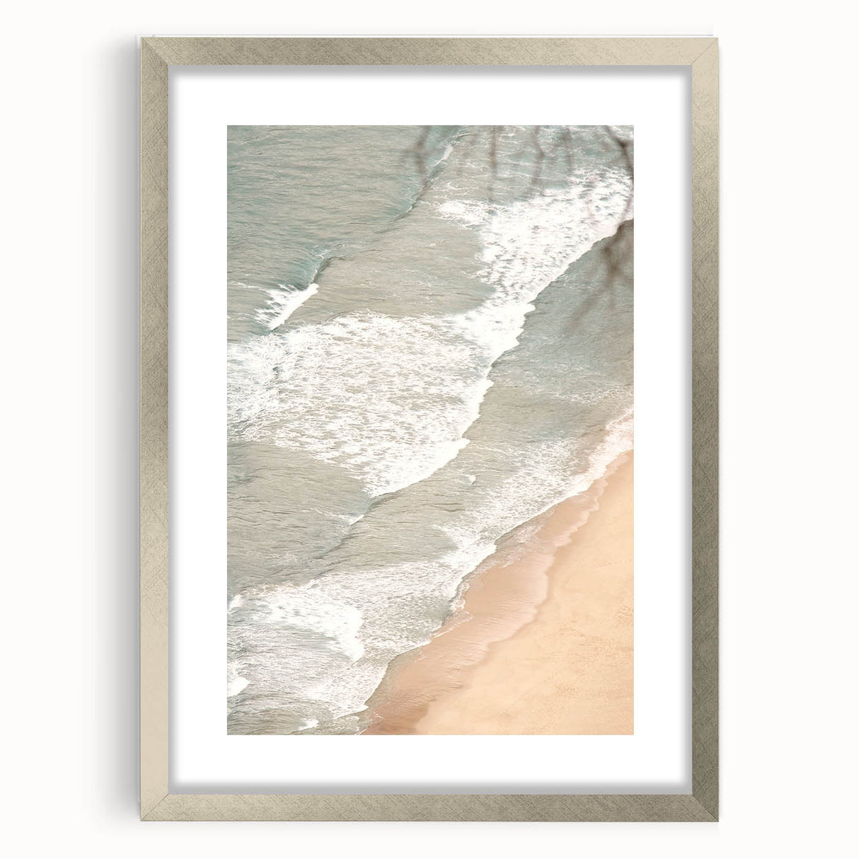 Textured abstract art print in cool blue and gray tones, framed in silver, ideal for bedroom wall decor.
