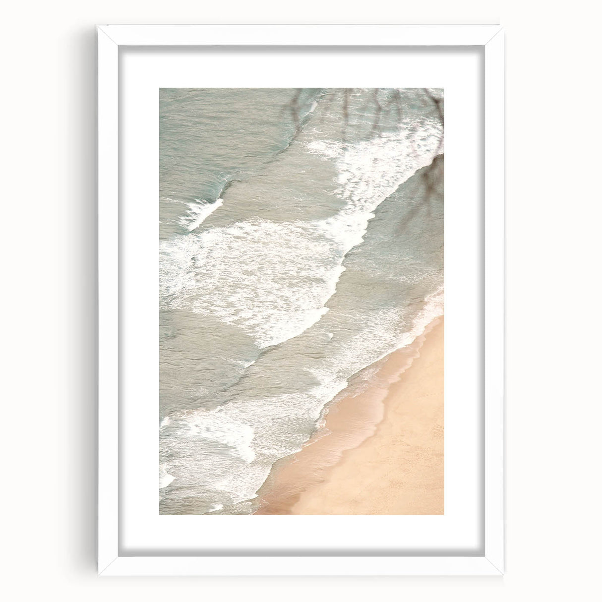 Abstract art print featuring swirling blue and green patterns on a white framed canvas.
