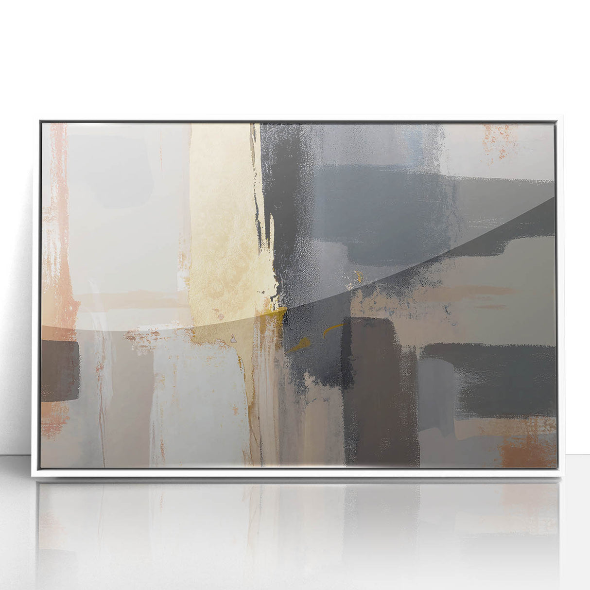 Framed abstract wall art featuring colorful strokes in various shades of blue, pink, and gold, set against a white background for a modern decor touch.