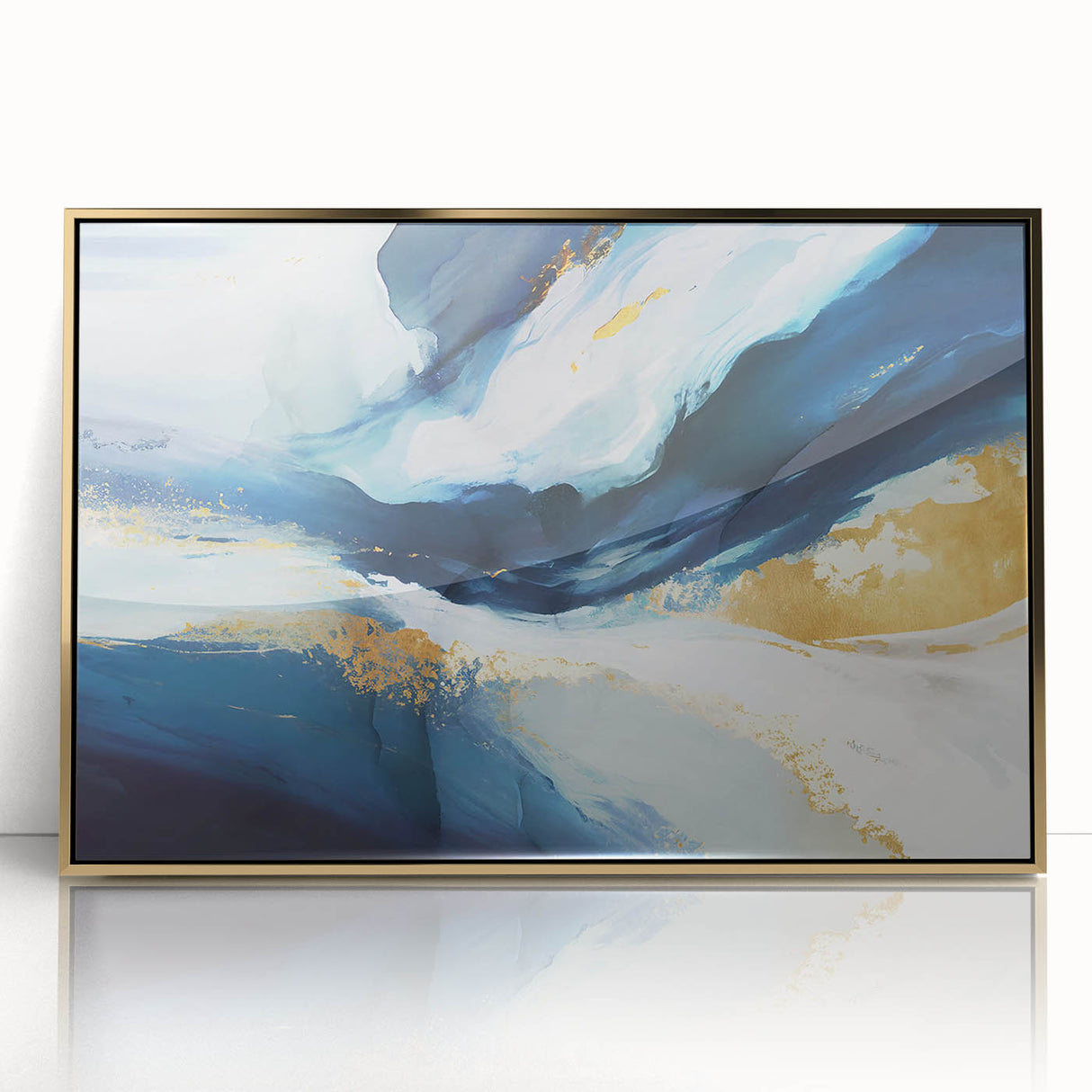 Framed abstract wall art featuring dynamic gold strokes on a textured background, perfect for modern home decor. Ideal for enhancing contemporary interior spaces.