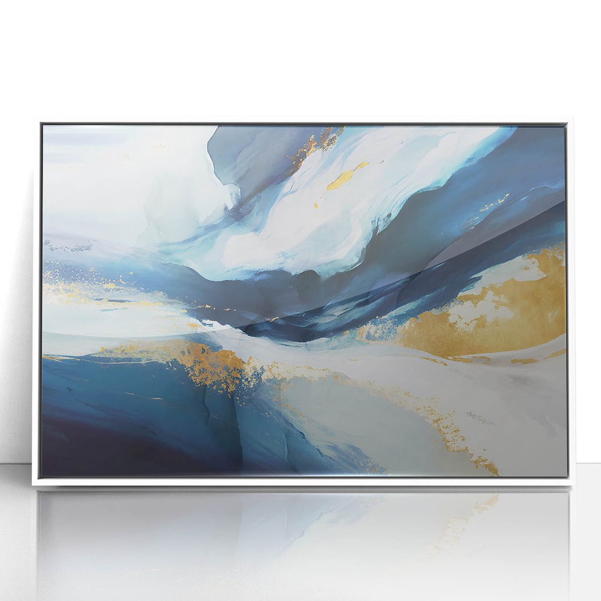 Framed abstract wall art featuring colorful strokes in shades of blue, pink, and gold, set against a sleek white background, perfect for modern home decor.