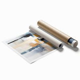 Abstract wall art print showcasing vibrant strokes in blue, orange, and gold hues, rolled and ready for display, ideal for modern home decor. Perfect for adding a splash of color to living spaces or offices.