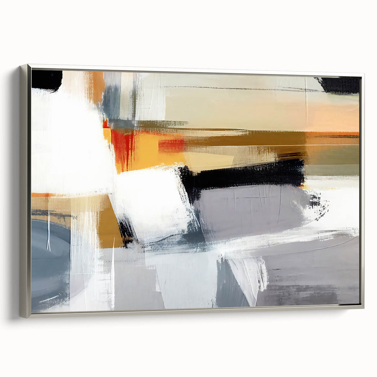 Framed canvas wall art showcasing abstract strokes in silver tones, adding a modern touch to home decor; side view highlights its sleek design and elegant finish.