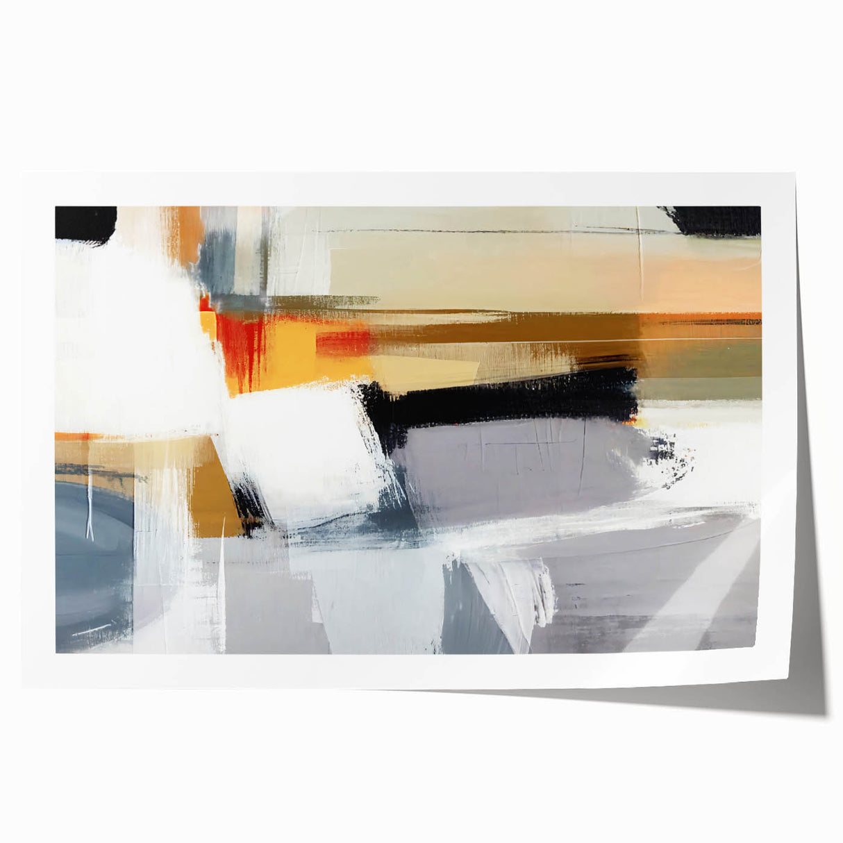 Abstract wall art print showcasing vibrant strokes in shades of blue, orange, and yellow, designed for modern home decor, rolled for easy shipping.