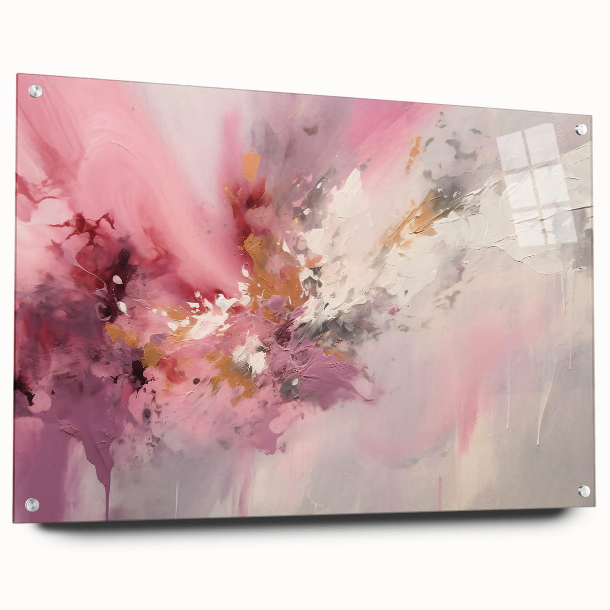 Abstract wall art showcasing vibrant strokes in shades of blue, orange, and gold, displayed in an acrylic frame with mounting pins, perfect for modern decor.