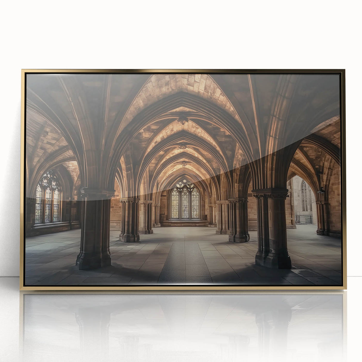 Framed acrylic art piece depicting a stunning landscape with a majestic castle, surrounded by vibrant greenery and a serene sky, ideal for home decor enthusiasts.