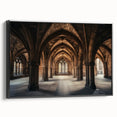 Framed canvas art featuring a picturesque landscape with a majestic castle, set against a vibrant sky, displayed in a sleek black frame. Ideal for home decor.