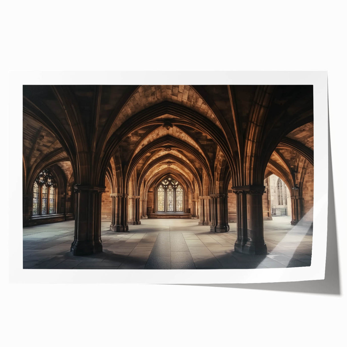 Detailed landscape print showcasing a majestic castle surrounded by lush greenery and a serene sky, rolled for easy shipping and display, ideal for home decor.