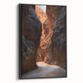 Framed canvas artwork showcasing a serene landscape with caves, featuring a black side view, ideal for modern home decor and wall aesthetics.