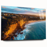 Acrylic glass artwork depicting a stunning landscape with dramatic cliffs, showcasing vibrant colors and intricate details, perfect for modern home decor.