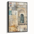 Framed abstract architecture wall art featuring bold black geometric shapes on a textured canvas, showcasing a modern aesthetic and elegant side view design.