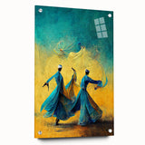 Abstract figurative wall art displayed in a side view, featuring vibrant colors and dynamic shapes, mounted with pins on acrylic glass, ideal for modern decor.