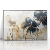 Framed acrylic wall art featuring vibrant abstract florals in shades of pink, blue, and green, set against a white background, perfect for modern home decor.