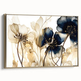 Framed abstract floral wall art in gold tones, showcasing intricate design elements and a modern aesthetic, perfect for enhancing contemporary decor.