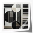 Abstract geometric wall art print showcasing vibrant colors and dynamic shapes, displayed in a glossy finish. Ideal for modern home decor and artistic spaces.