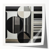 Abstract geometric wall art print showcasing vibrant colors and dynamic shapes, displayed in a glossy finish. Ideal for modern home decor and artistic spaces.
