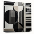 Abstract geometric acrylic design showcasing vibrant colors and intricate shapes, viewed from the side with visible mounting pins, ideal for modern decor.