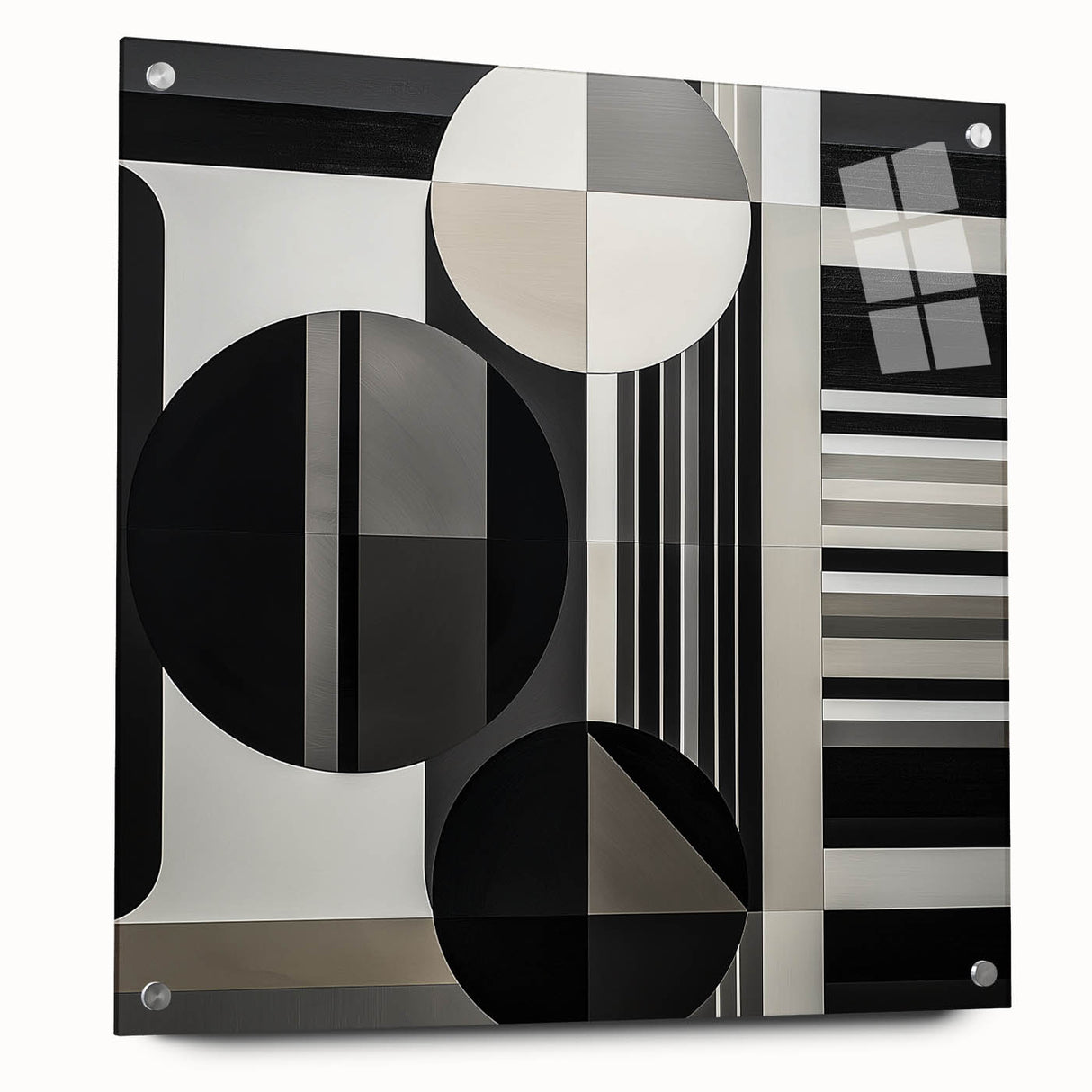 Abstract geometric acrylic design showcasing vibrant colors and intricate shapes, viewed from the side with visible mounting pins, ideal for modern decor.