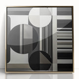 Framed abstract geometric artwork in gold tones, showcasing intricate shapes and patterns, designed to enhance modern decor with a touch of elegance.