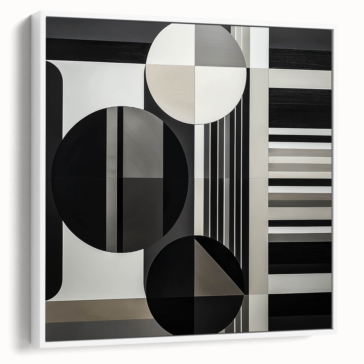 Abstract geometric framed canvas art showcasing a modern design with white and subtle color accents, ideal for contemporary home decor. The frame enhances its visual appeal, making it a striking focal point for any room.