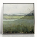 Framed abstract landscape wall art design in silver acrylic, showcasing a blend of soft earth tones and organic shapes, perfect for modern home decor.