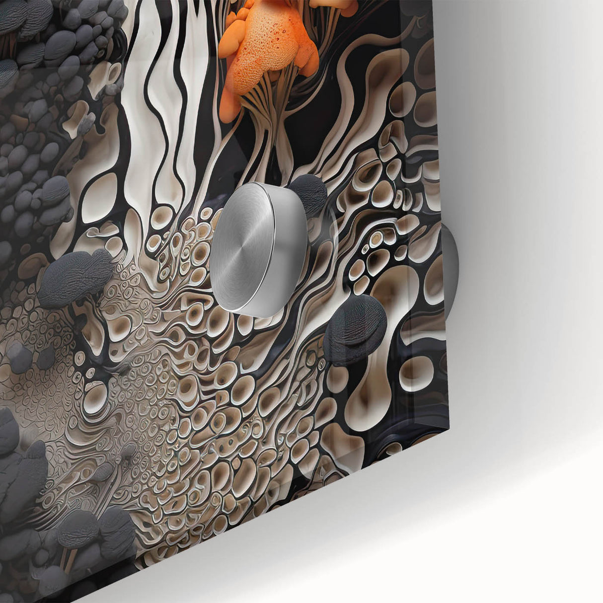 Large abstract wall art in mid-century modernist style, featuring earthy tones on acrylic glass.