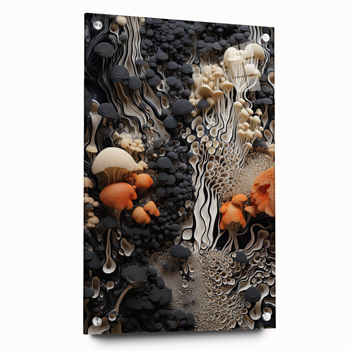 Large abstract wall art on acrylic glass featuring swirling blue and gray tones, suitable for bedroom or dining room decor.