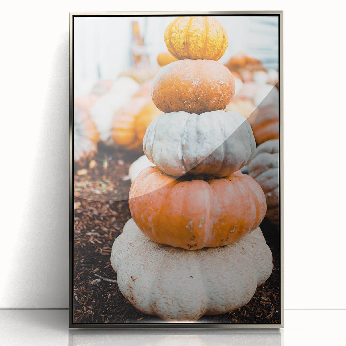 Mid-century modernist art depicting autumn trees in orange and brown tones, framed acrylic, ideal for nursery wall decor.