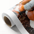 Art deco poster featuring autumnal trees on rolled canvas, with warm orange and brown tones, suitable for nursery wall art.
