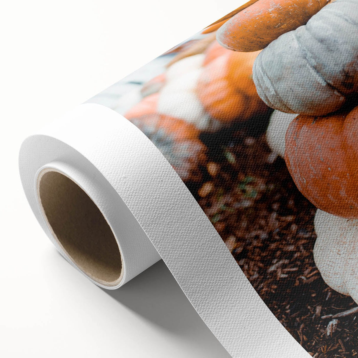 Art deco poster featuring autumnal trees on rolled canvas, with warm orange and brown tones, suitable for nursery wall art.