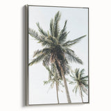 Framed canvas depicting a summer landscape with vibrant green trees under a clear blue sky, ideal for living room decor.