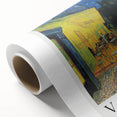 Art deco poster of a starry night scene with swirling blues and yellows on rolled canvas, ideal for nursery wall art.