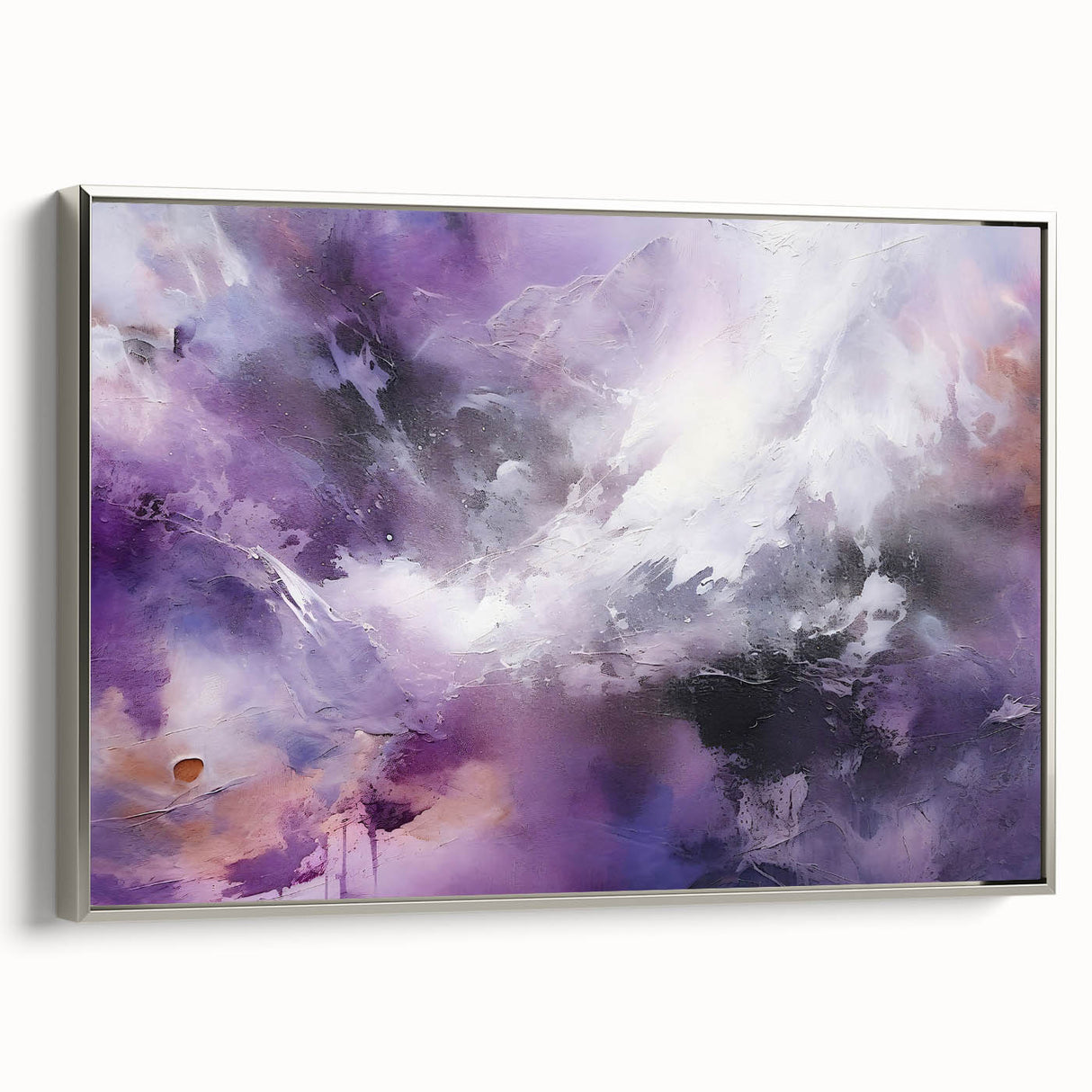 Framed canvas wall art featuring abstract strokes in silver tones, showcasing a modern artistic design with a sleek profile, ideal for contemporary decor.