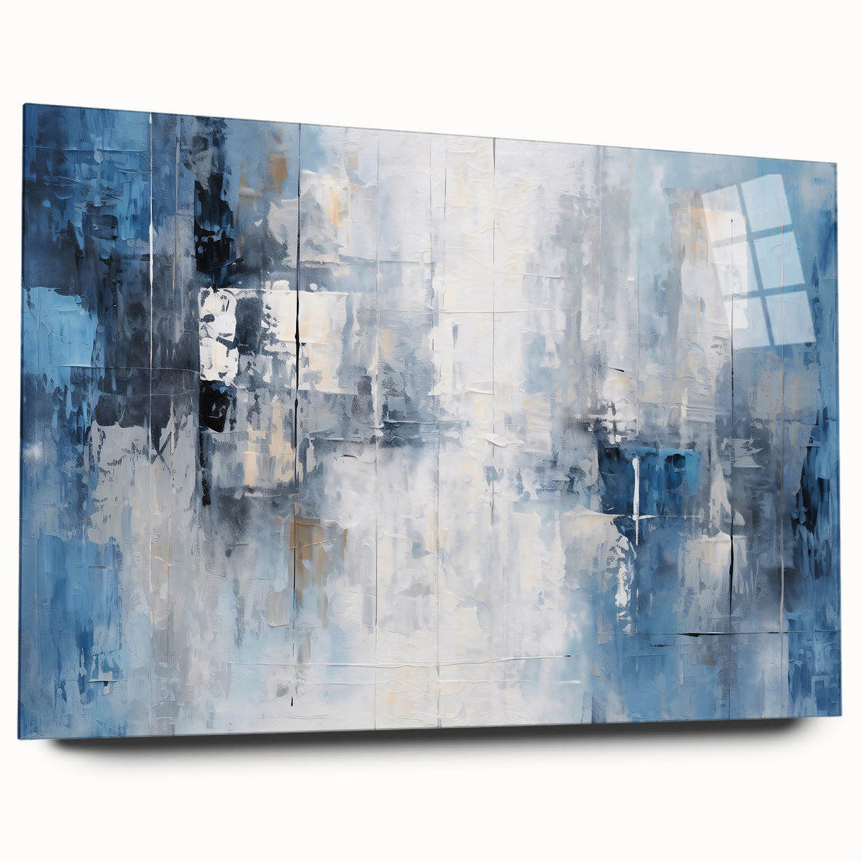 Abstract strokes wall art displayed in a side view on acrylic glass, showcasing vibrant colors and fluid designs, ideal for modern home decor enhancement.