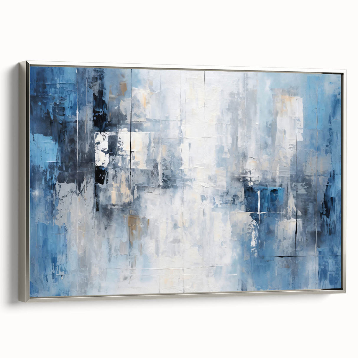 Framed abstract strokes wall art in silver, showcasing dynamic brush strokes on canvas. Ideal for modern decor, adding elegance to living spaces or offices.