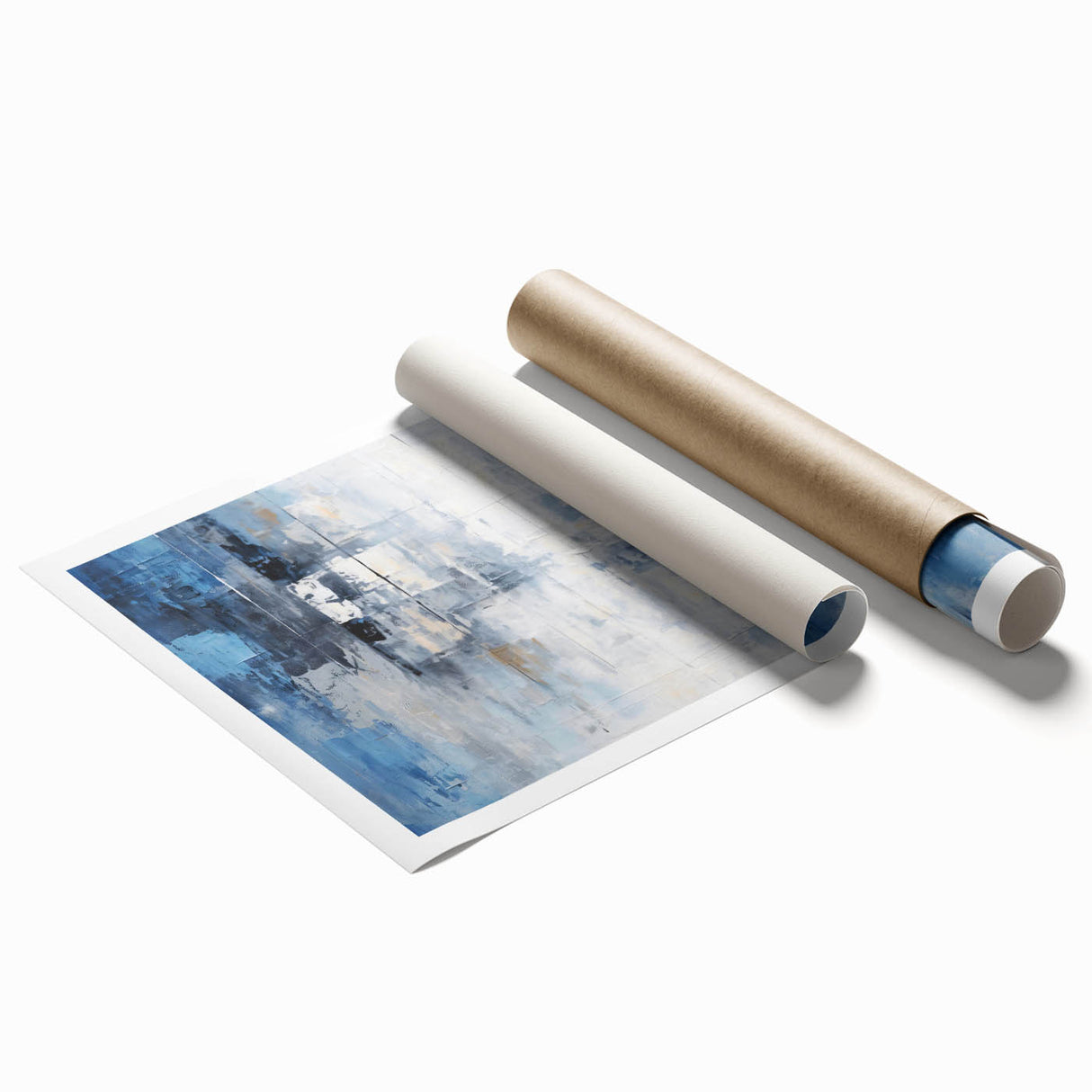 Abstract wall art print showcasing vibrant strokes in shades of blue, orange, and yellow, designed to enhance modern interiors, rolled and ready for display.