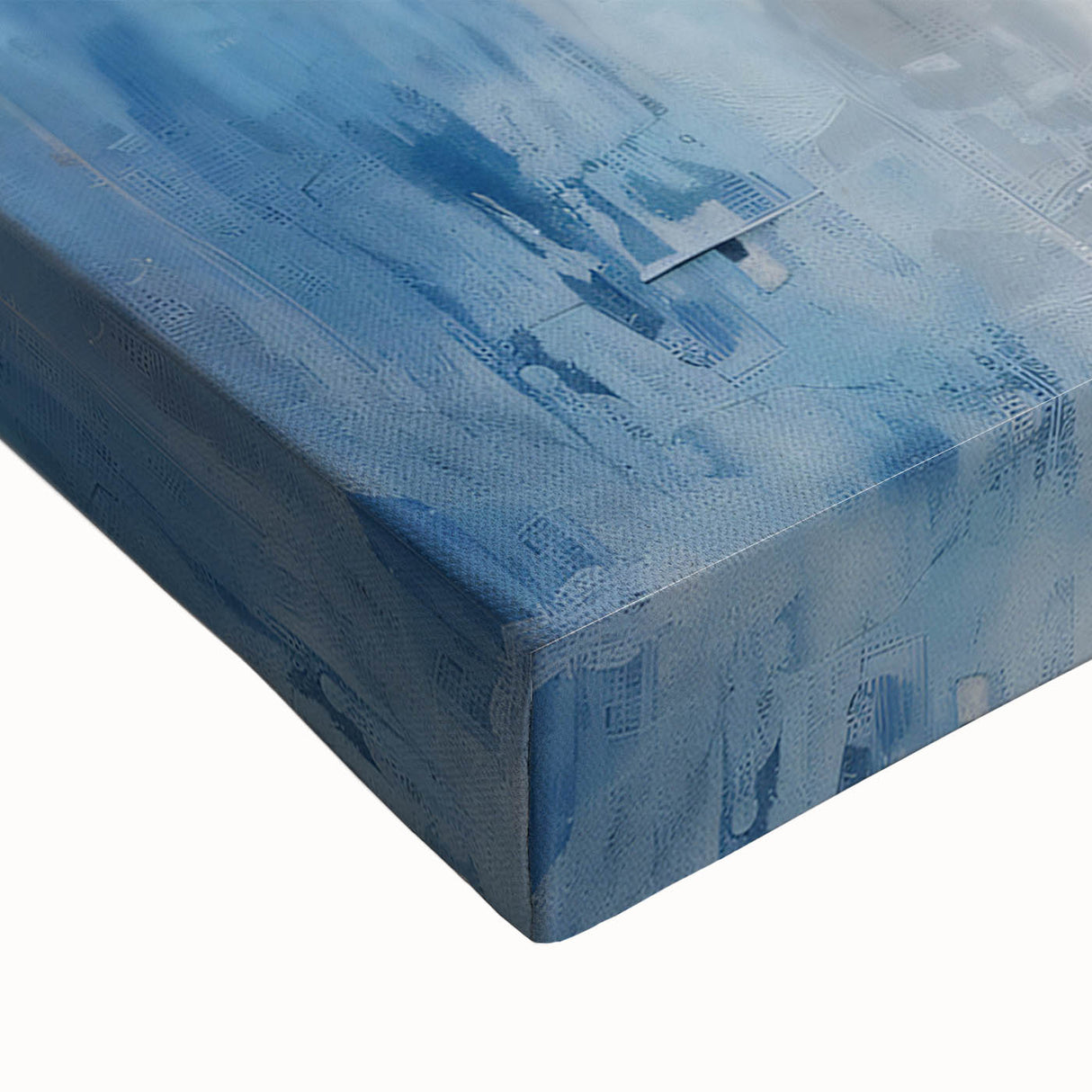 Close-up view of vibrant abstract strokes wall art on stretched canvas, showcasing bold colors of blue, orange, and yellow, perfect for modern decor.