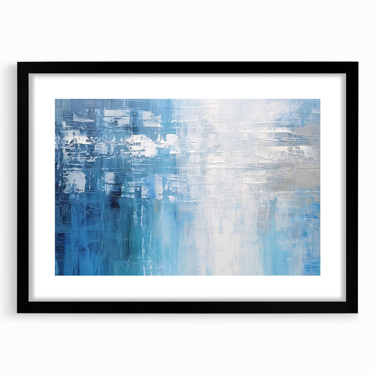 Abstract strokes wall art framed in black with a white mat, showcasing dynamic brushwork and vibrant colors, ideal for modern home decor. Perfect for enhancing living spaces.