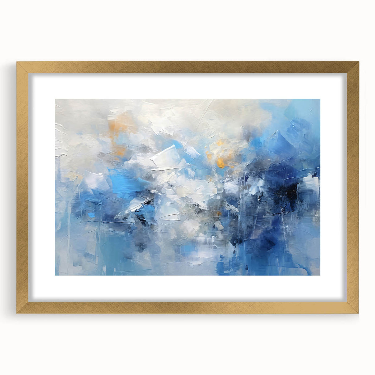 Abstract wall art featuring dynamic strokes in gold and neutral tones, framed with a mat, showcasing a modern aesthetic perfect for contemporary decor.